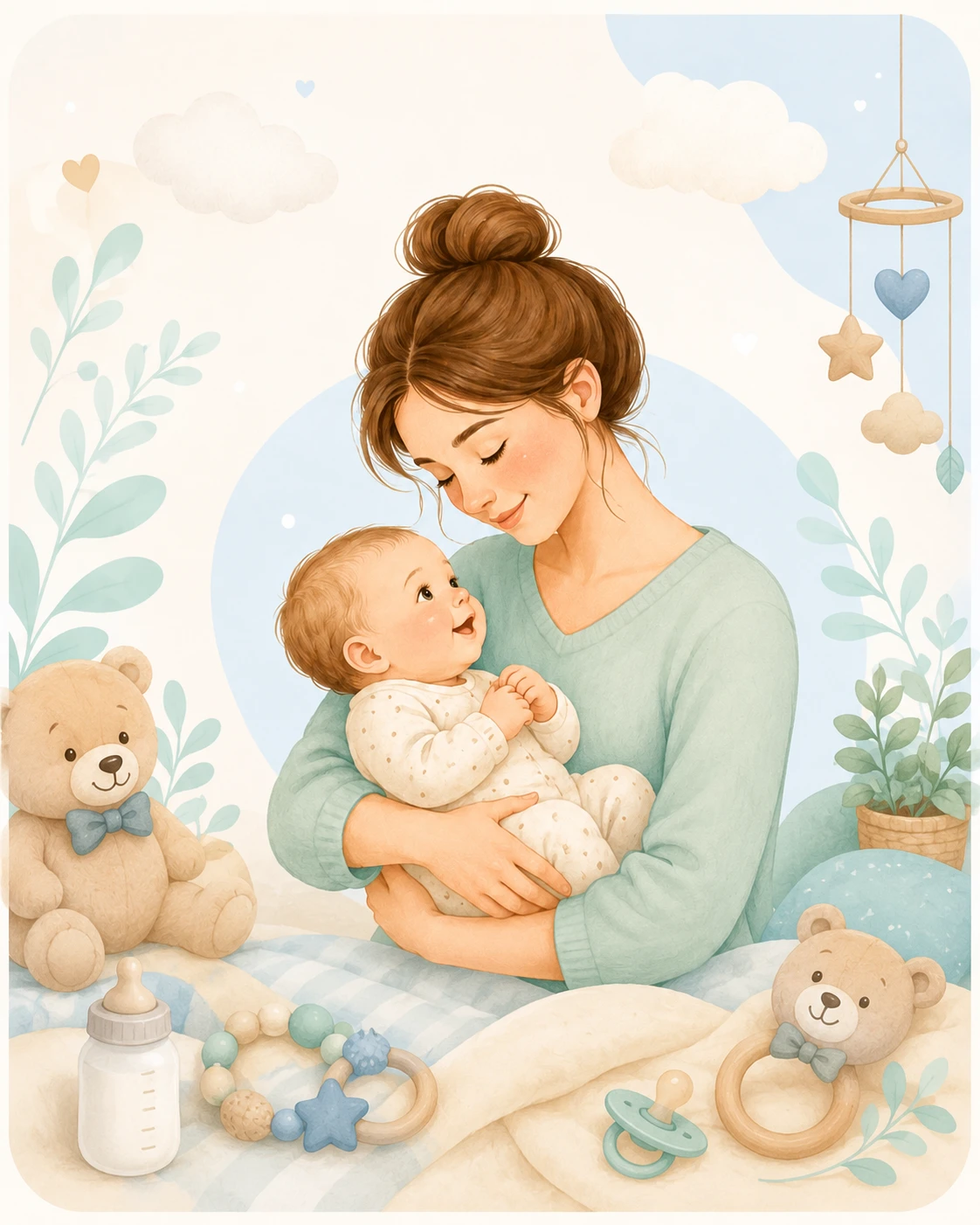Mama trzyma uśmiechnięte niemowlę w pastelowym pokoju, obok znajdują się butelka, gryzaki, smoczek i pluszowe misie.